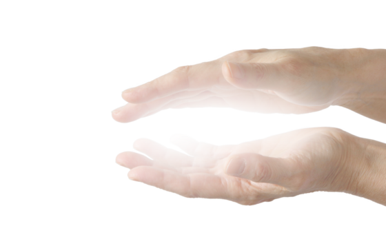 Female healer with bright white healing energy between parallel hands transparent png file
