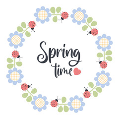 Spring time. Round frame with decorative sunflower flowers and ladybug. Vector illustration in flat style for decor, design, print and napkins, cards and postcard.