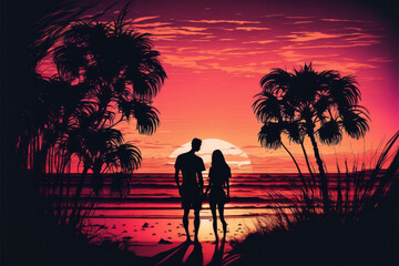 A panning shot of a romantic beach sunset, with a couple silhouetted against the orange and pink sky, holding each other closely - AI generated