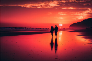 A panning shot of a romantic beach sunset, with a couple silhouetted against the orange and pink sky, holding each other closely - AI generated