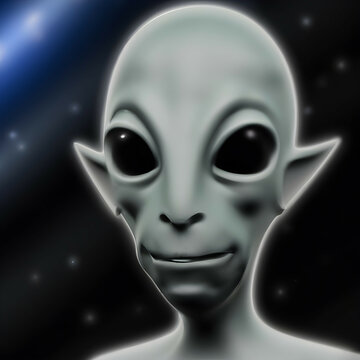 3d close up of alien face with space background. portrait of a grey alien. Generative AI.