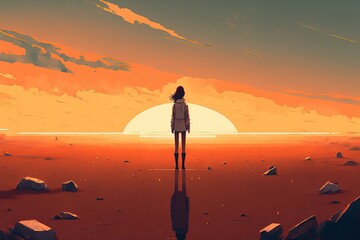 Fototapeta illustration numérique, jeune fille de dos regardant l'horizon et un ciel plein de nuages oranges, coucher ou lever de soleil style manga obraz
