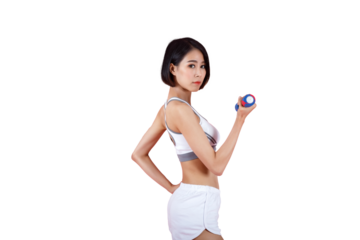 Portrait of a healthy young asian fitness woman doing exercises with dumbbell isolated on pink background. Attractive young asian fitness woman holding dumbell. Sport and healthy lifestyle.