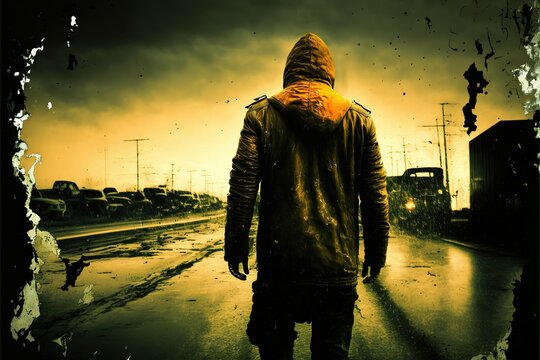 personnage de dos avec une capuche, marche dans une ville mena&ccedil;ante et sale, ambiance sombre de thriller