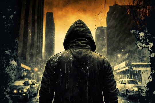 personnage de dos avec une capuche, marche dans une ville mena&ccedil;ante et sale, ambiance sombre de thriller