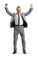 Excited young businessman in a grey suit gesturing happiness