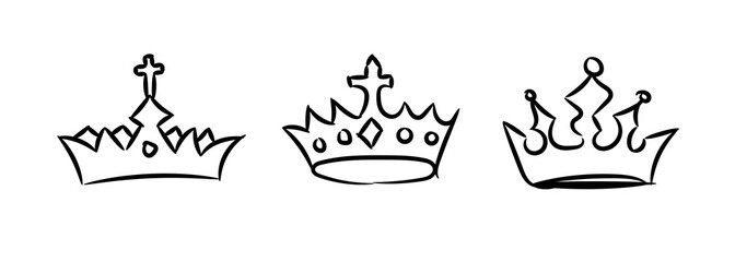 Crowns logo doodle collection. Hand drawn princess crown icons set isolated on white. Vector illustration