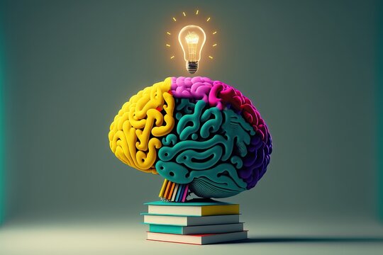 illustration abstraite du cerveau humain sur des livres avec ampoule