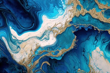texture abstraite de marbre bleu et or en vagues organiques et coulures de fluide réaliste