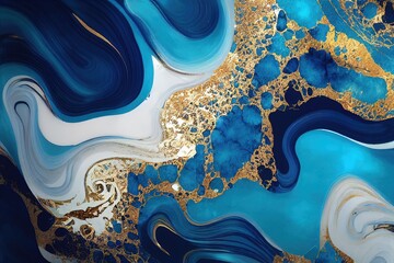 texture abstraite de marbre bleu et or en vagues organiques et coulures de fluide réaliste - obrazy, fototapety, plakaty