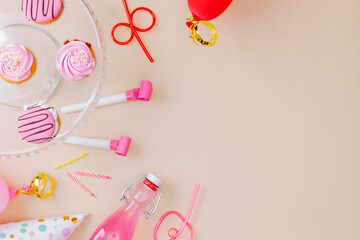 Preparing for birthday party. Attributes of holiday. Top view. Copy space