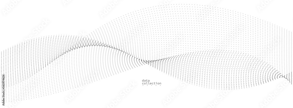 Poster light grey abstract background, vector wave of flowing particles, curvy lines of dots in motion, tec