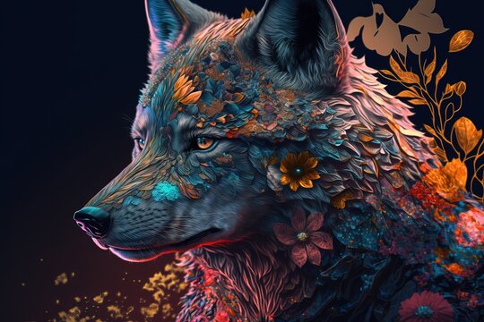 portrait fantastique de loup magique aux motifs naturels floraux