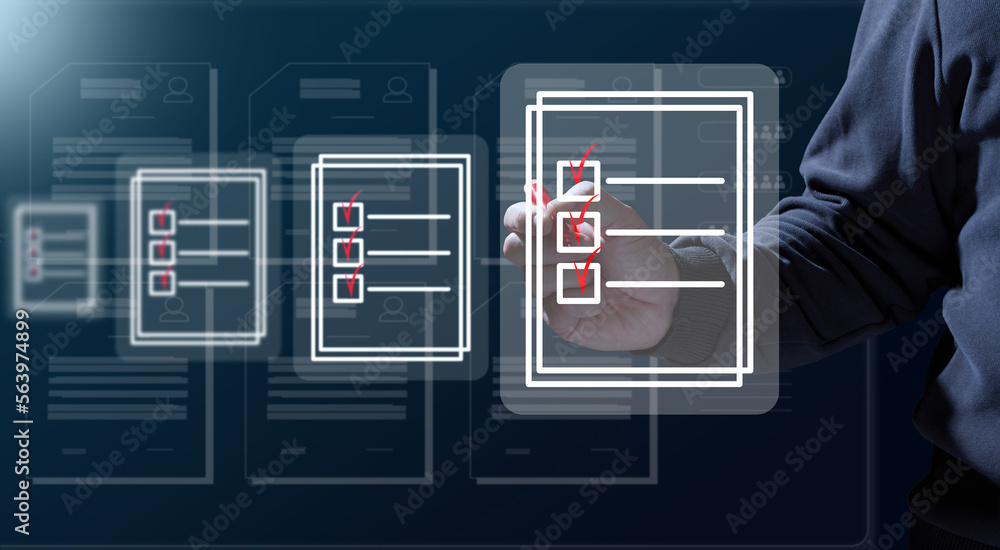 Poster a man with a marker is checking and analyzing virtual documents. paperless circulation of documents,
