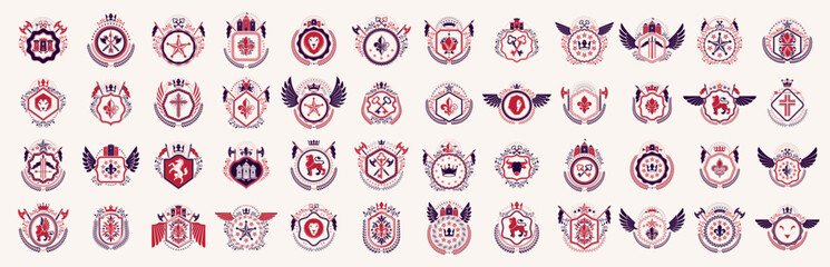 Classic style emblems big set, ancient heraldic symbols awards and labels collection, classical heraldry design elements, family or business emblems.