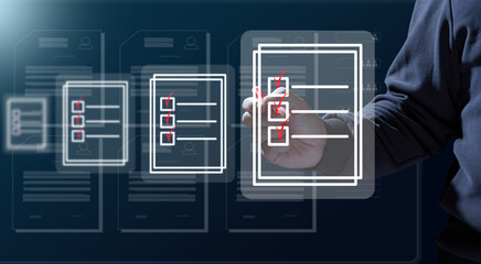 A man with a marker is checking and analyzing virtual documents. Paperless circulation of documents, remote control