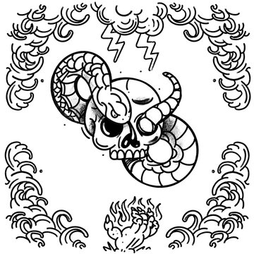 Snake-skull black lines tattoo
