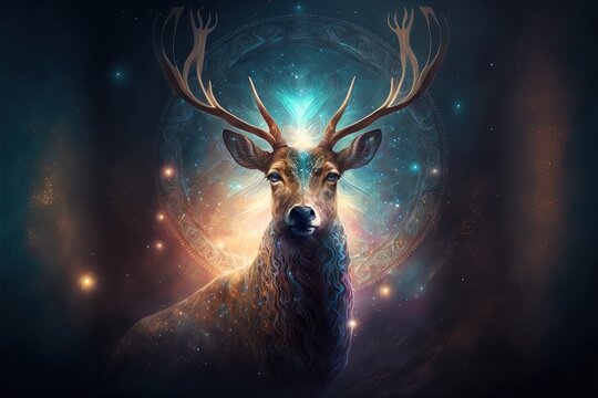 illustration num&eacute;rique de cerf majestueux magique sur fond d'univers chamanique color&eacute;