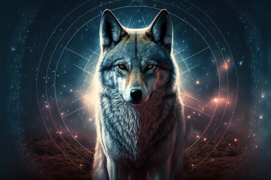 illustration numérique et chamanique de loup magique centré avec un regard perçant, mandala cosmique de l'univers animal