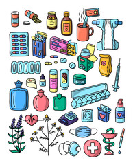 Vector hand drawn pharmacy doodles. Health care warmer, syringe, blood pressure meter tools and pills in boxes and bottles isolated. Condoms, lube, face mask, lavender and chamomile herbs illustration