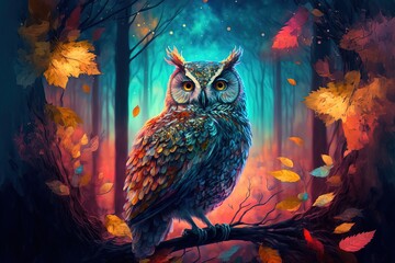 illustration numérique de hibou magique dans une forêt colorée, fond d'écran lumineux et doux