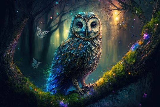 illustration num&eacute;rique de hibou magique dans une for&ecirc;t color&eacute;e, fond d'&eacute;cran lumineux et doux