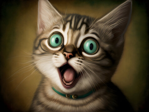 surprised tabby side-eye happy cat portrait with mouth open, wide eyes, cartoon photograph, generative ai