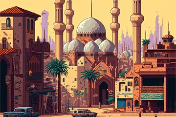 Pixel art ancient Arabic city, city in the desert with buildings and palm trees, background in retro style for 8 bit game, Generative AI