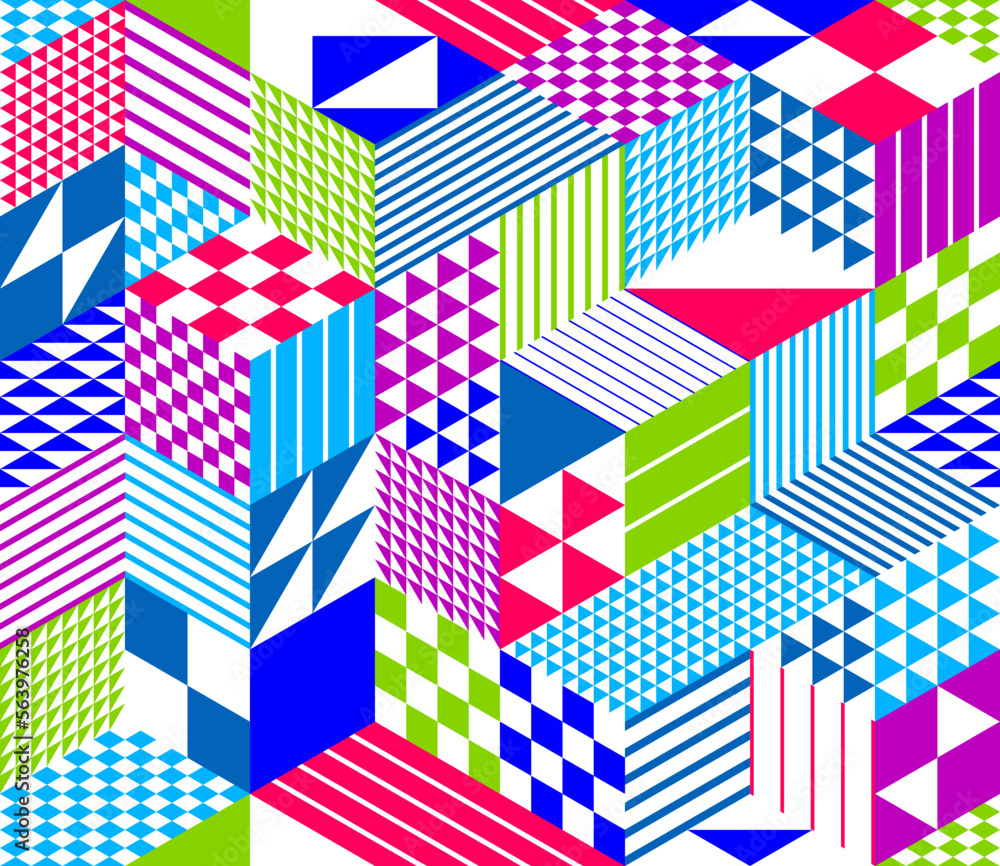 Poster 3d cubes seamless pattern vector background, rhombus and triangles dimensional blocks, architecture 