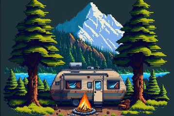 Pixel art camping in the woods, campsite with trailer and campfire, landscape in retro style for 8 bit game, Generative AI

