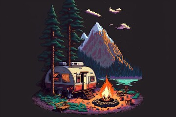 Pixel art camping in the woods, campsite with trailer and campfire, landscape in retro style for 8 bit game, Generative AI

