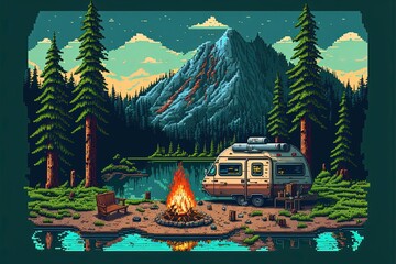 Pixel art camping in the woods, campsite with trailer and campfire, landscape in retro style for 8 bit game, Generative AI

