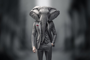 Fototapeta na wymiar Surrealistic male businessman in suit with elephant head modern design, magazine style, leader, strong character, alpha male. Copy space, 3D illustration, 3D rendering.