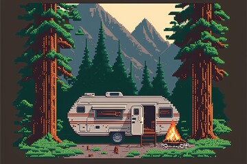 Pixel art camping in the woods, campsite with trailer and campfire, landscape in retro style for 8 bit game, Generative AI

