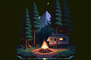 Pixel art camping in the woods, campsite with trailer and campfire, landscape in retro style for 8 bit game, Generative AI

