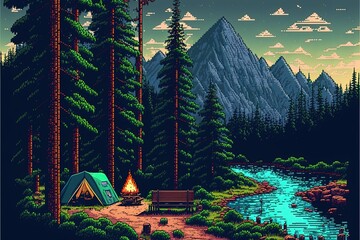 Pixel art camping with tents and bonfires, camping in the forest with river and mountains, landscape in retro style for 8 bit game, Generative AI