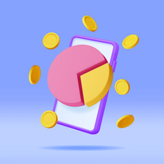 3D Growth Chart Pie on Mobile Phone. Render Stock Money on Smartphone Shows Growth or Success. Financial Item, Business Investment, Financial Market Trade. Money and Banking. Vector Illustration