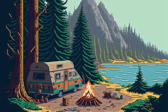 Pixel art camping in the woods, campsite with trailer and campfire, landscape in retro style for 8 bit game, Generative AI

