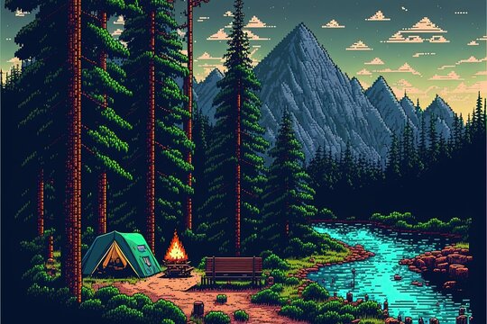 Pixel art camping with tents and bonfires, camping in the forest with river and mountains, landscape in retro style for 8 bit game, Generative AI
