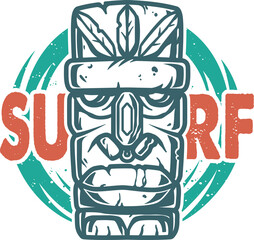 Colored surfing print of stone tiki mask, face idol. Vector illustration hawaii summer t-shirt design © Casoalfonso
