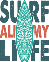 Colored surfing print with ornament at surfboard. Vector illustration of board for hawaii summer design