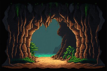 Pixel art cave entrance, natural tunnel with rocks, trees and vegetation, landscape in retro style for 8 bit game, Generative AI