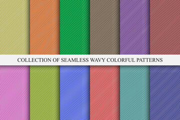 Collection of colorful seamless striped wave patterns - repeatable backgrounds. Wavy linear textures. Minimalistic textile prints with lines.