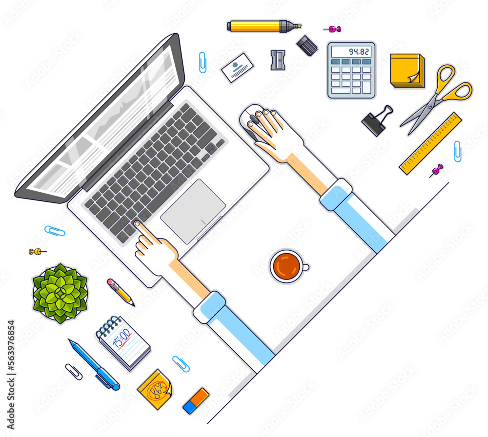 Poster office desk workspace top view with hands of office employee or entrepreneur, pc notebook and divers