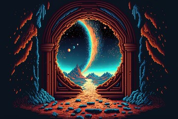 Pixel art magic portal to parallel universe, portal to fantasy dimension, background in retro style for 8 bit game, Generative AI