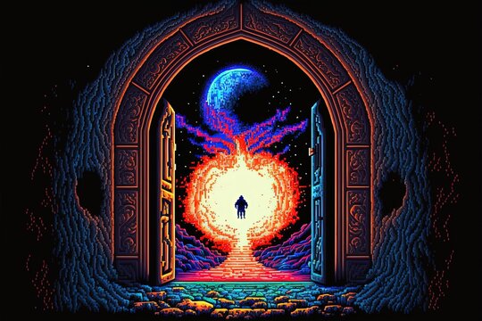 Pixel art magic portal to parallel universe, portal to fantasy dimension, background in retro style for 8 bit game, Generative AI