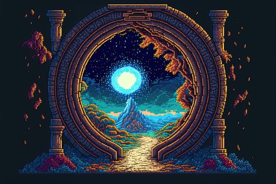Pixel art magic portal to parallel universe, portal to fantasy dimension, background in retro style for 8 bit game, Generative AI