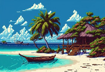 Obraz na płótnie Canvas Pixel art paradise island resort, beach bungalow, landscape in retro style for 8 bit game, Generative AI