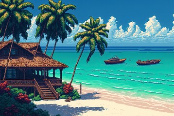 Pixel art paradise island resort, beach bungalow, landscape in retro style for 8 bit game, Generative AI