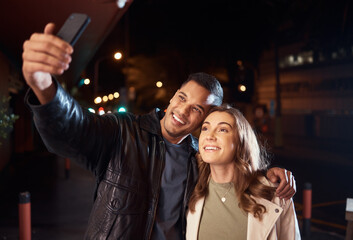 Couple of friends, phone or night selfie on city street or road for social media, profile picture...